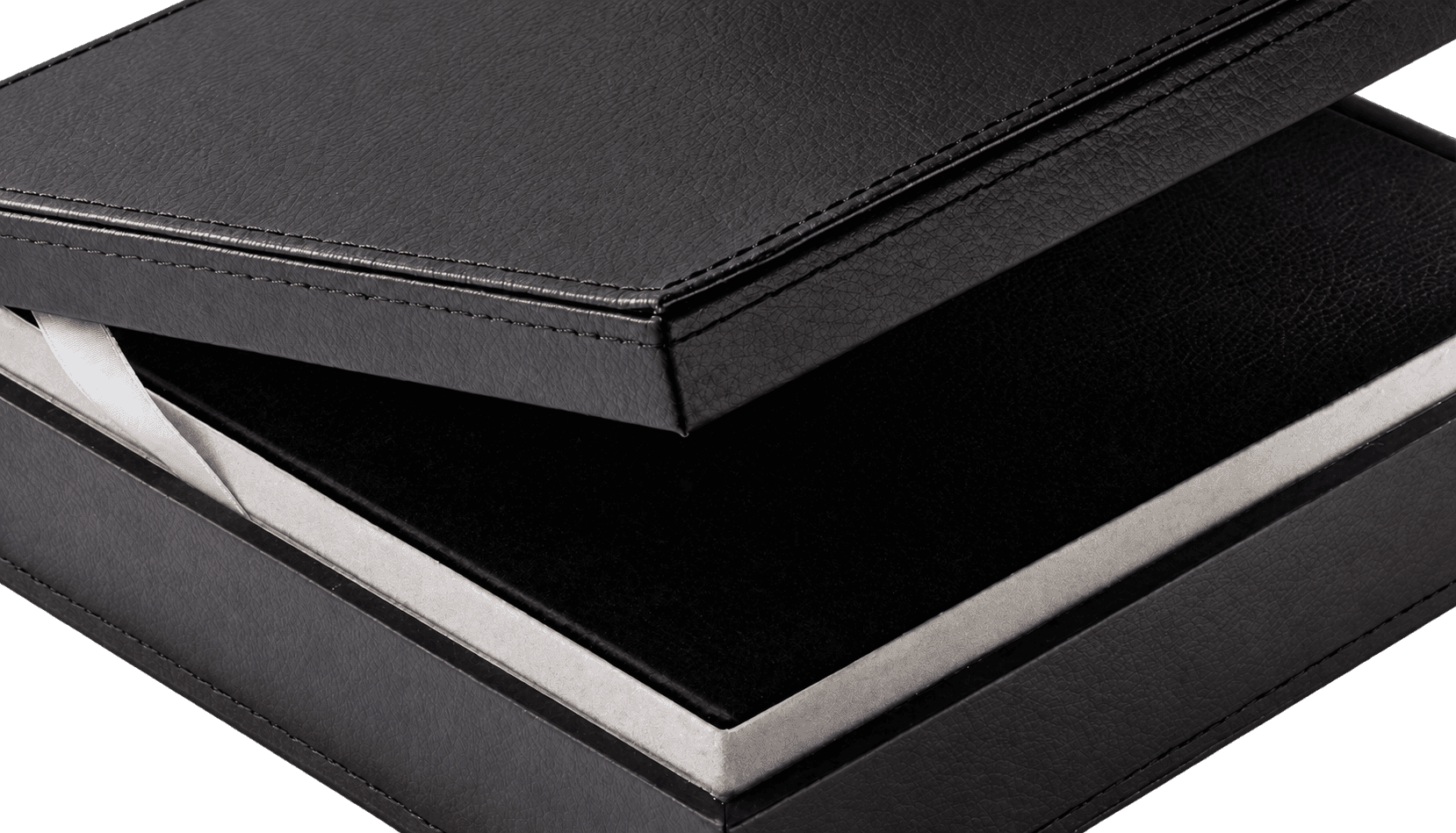 Open black PU presentation box with a dark interior
