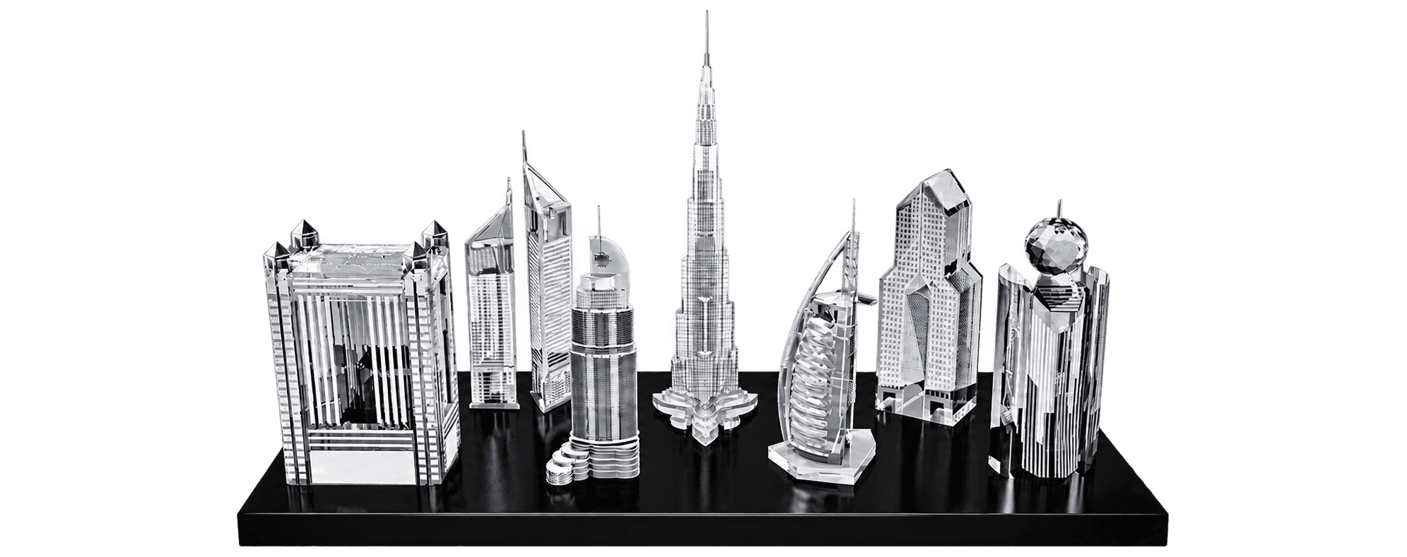 Crystal Dubai skyline model on a black rectangular base