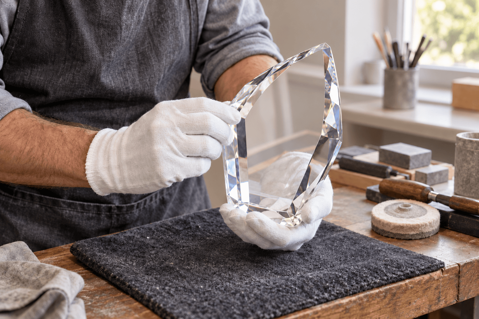 Illustrative workshop scene showing hands examining crystal